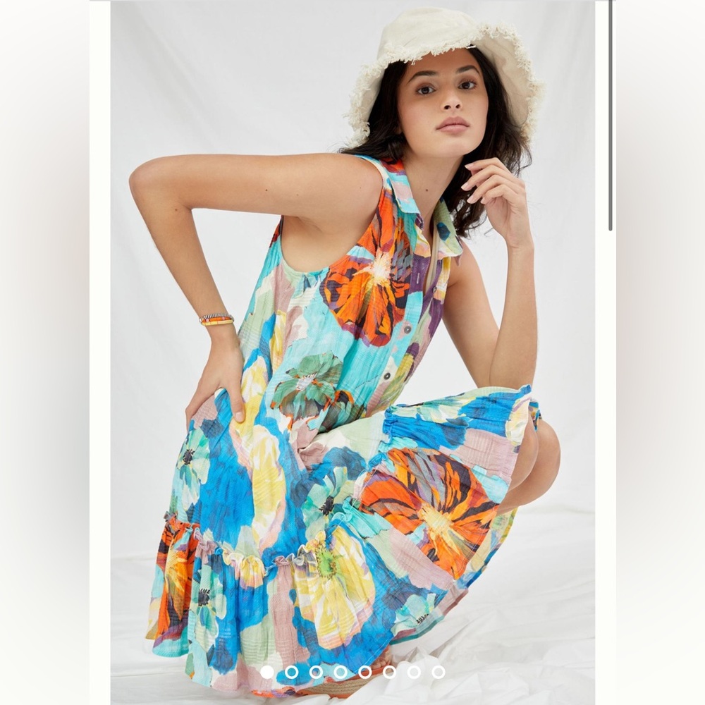 Anthropologie Floral Tiered Poplin Dress in Blue, Orange, Yellow